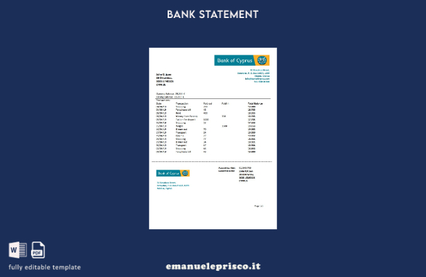 modello word di estratto conto bancario della Banca di Cipro in stile verificato